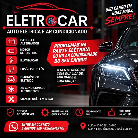 Serviços: bateria e alternador, motor de partida, iluminação, fusíveis e relés, diagnóstico elétrico, ar-condicionado e manutenção em geral